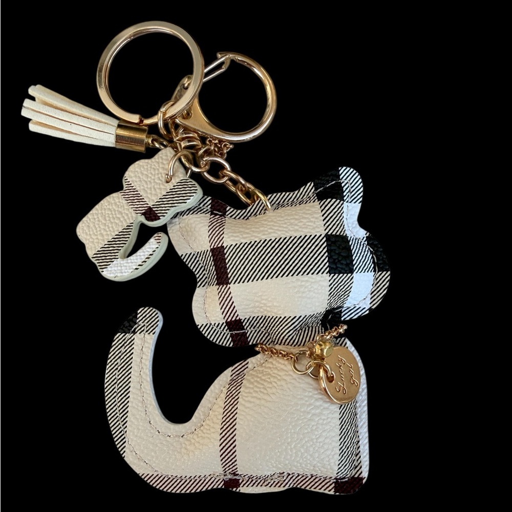 Cat Keychain Purse Charm Plaid Cream Black Cute Bag Accessory Gift
